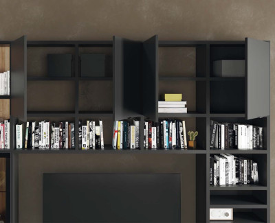 Mueble TV con 2 cajones y puerta abatible, y librería con puertas de vidrio