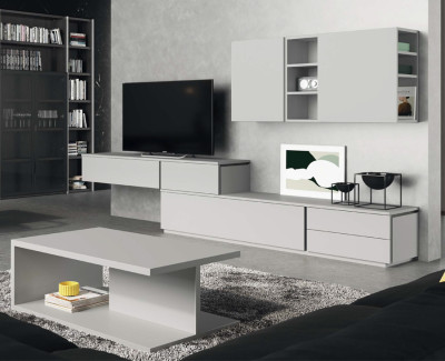 Mueble TV con cajones y puertas abatibles, y módulos altos