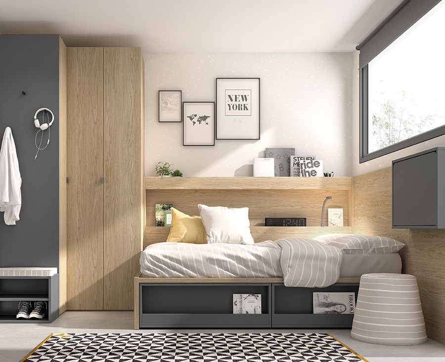 Dormitorio juvenil con cama compacta, escritorio y armario