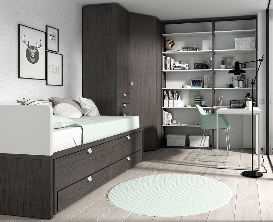 Dormitorio con cama abatible con estantería, armario y escritorio - UNNIQ  Habitat