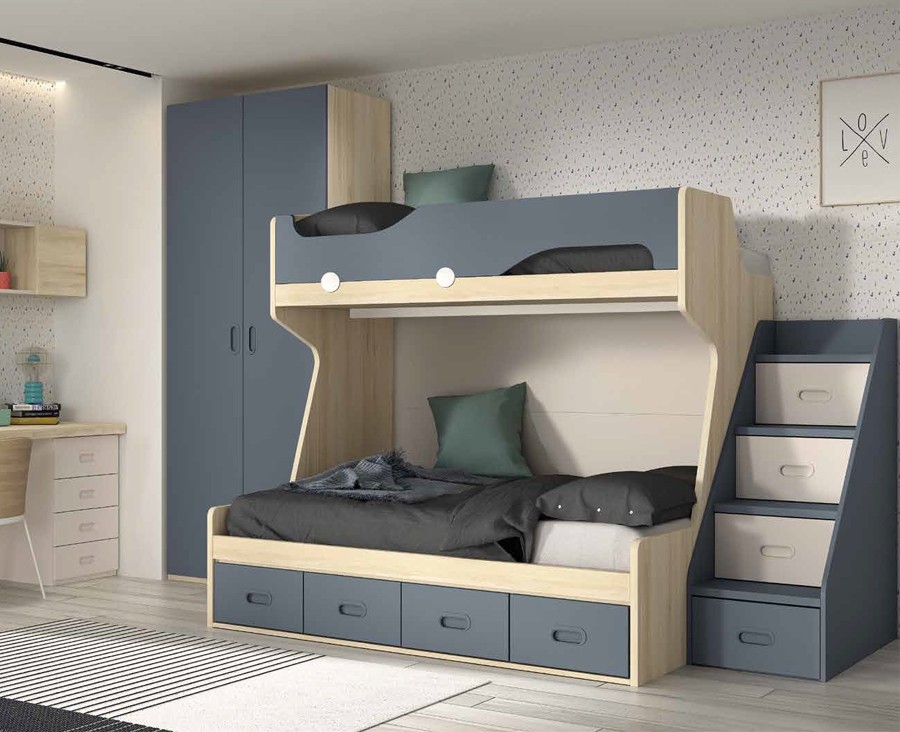 Habitación juvenil con cama nido de 2 cajones, armario y escritorio con  estanterías - UNNIQ Habitat