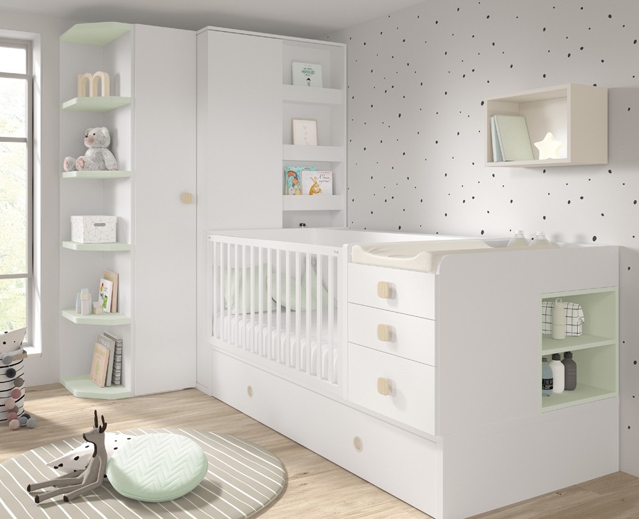 Dormitorio infantil cuna compacta convertible cajón y cambiador integrado