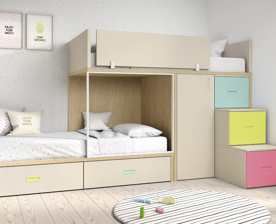 Cama Modular Infantil, Estantería y Armario de puertas batientes