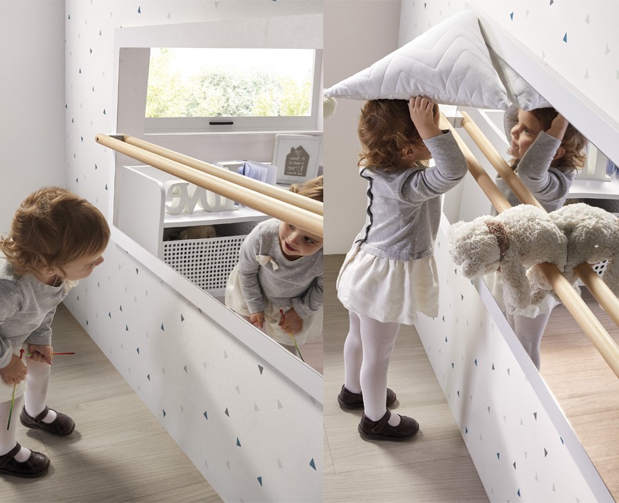 Espejo Montessori blanco con barra seguridad para bebé